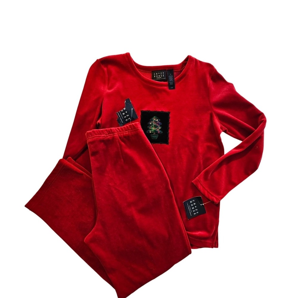 New Crazy Horse Red Velour Christmas Outfit Sweater‎ & Pants  Suit M